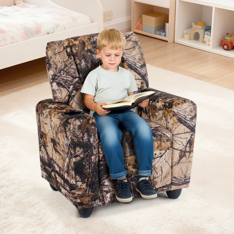 Kids Recliner Chair Push Back Toddler Reclining Armchair with Cup Holder-Camouflage