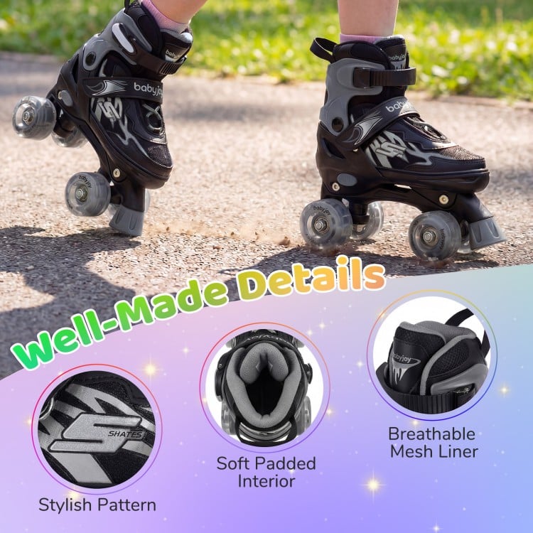 Kids Roller Skates for Girls Boys 4 Sizes Adjustable Quad Skates with Light-up Wheels-Black