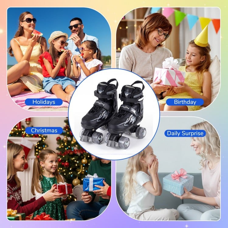 Kids Roller Skates for Girls Boys 4 Sizes Adjustable Quad Skates with Light-up Wheels for Outdoor-Black