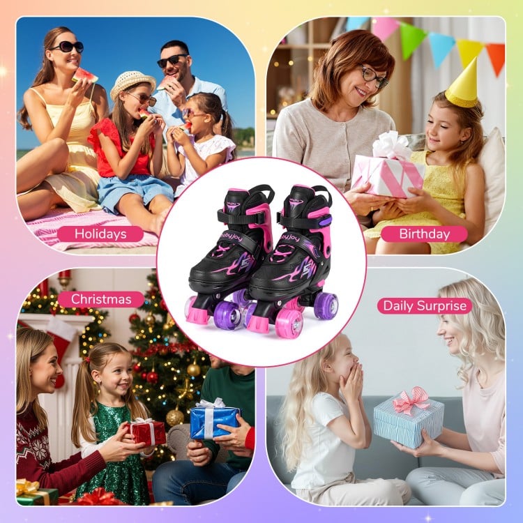 Kids Roller Skates for Girls Boys 4 Sizes Adjustable Quad Skates with Light-up Wheels for Outdoor-Pink
