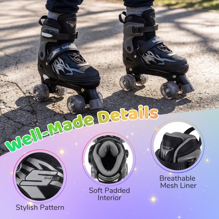 Kids Roller Skates for Girls Boys Teens 4 Sizes Adjustable Quad Skates with Light-up Wheels-Black