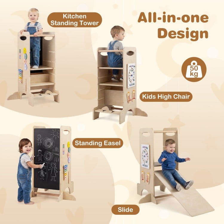 Kids Standing Tower with Detachable Chalkboard and Montessori Games for 3+ Years Old