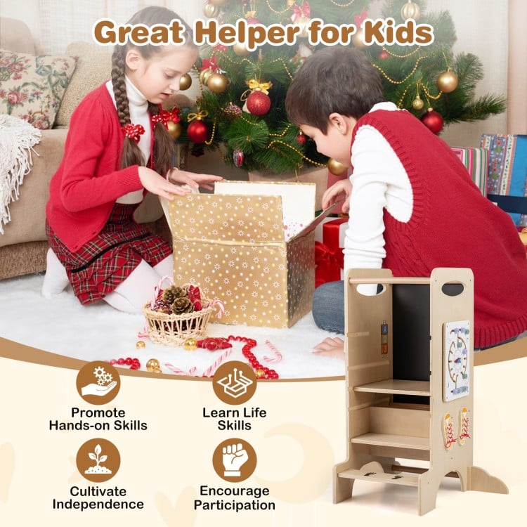 Kids Standing Tower with Detachable Chalkboard and Montessori Games for 3+ Years Old
