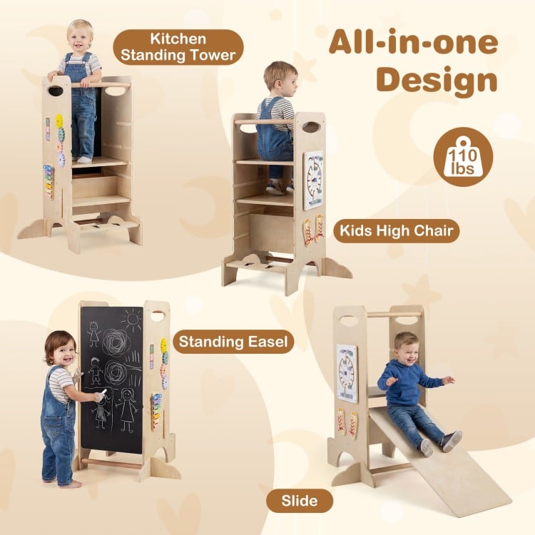 Kids Standing Tower with Detachable Chalkboard and Montessori Games for 3+ Years Old