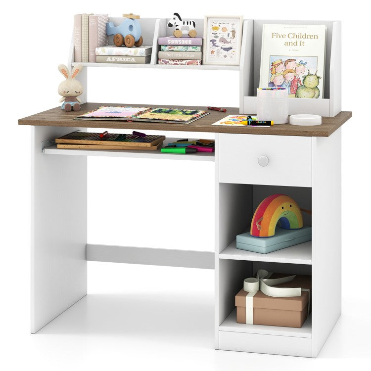 Kids Study Desk for Children with Hutch, Drawer, Shelves & Keyboard Tray