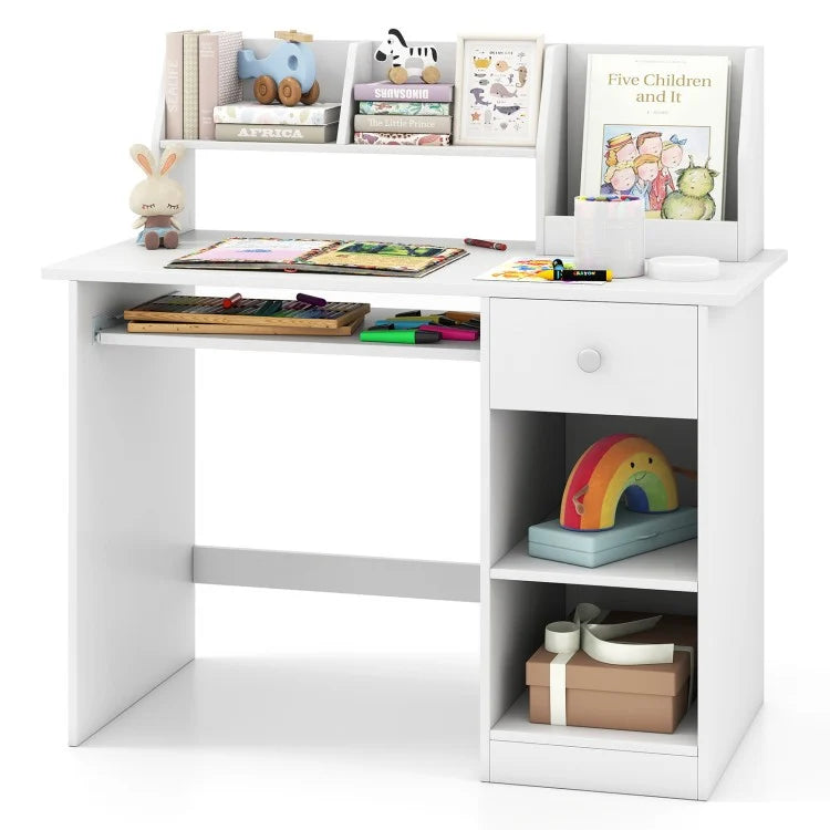 Kids Study Desk for Children with Hutch, Drawer, Shelves & Keyboard Tray