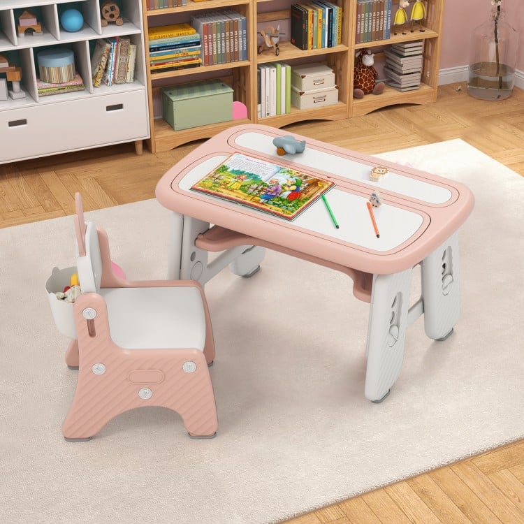 Kids Table and Chair Set with Flip-Top Bookshelf-Pink