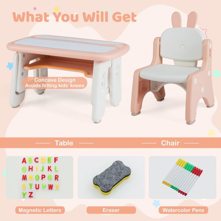 Kids Table and Chair Set with Flip-Top Bookshelf-Pink