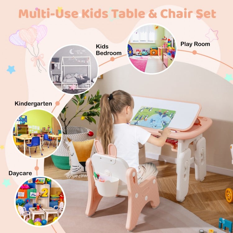 Kids Table and Chair Set with Flip-Top Bookshelf-Pink