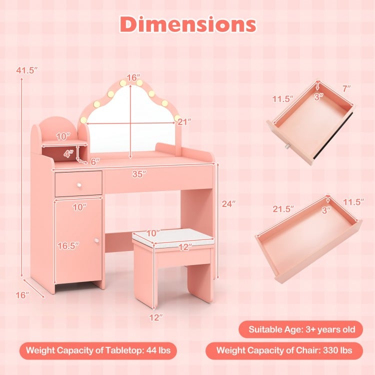 Kids Vanity Desk with Mirror and Lights Princess Pretend Play Dressing Table-Pink