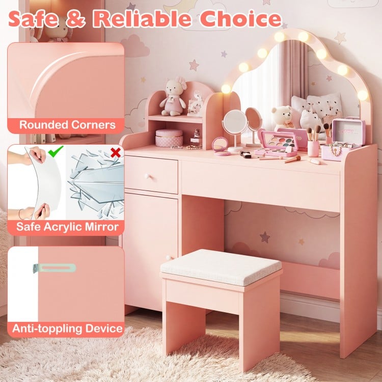 Kids Vanity Desk with Mirror and Lights Princess Pretend Play Dressing Table-Pink