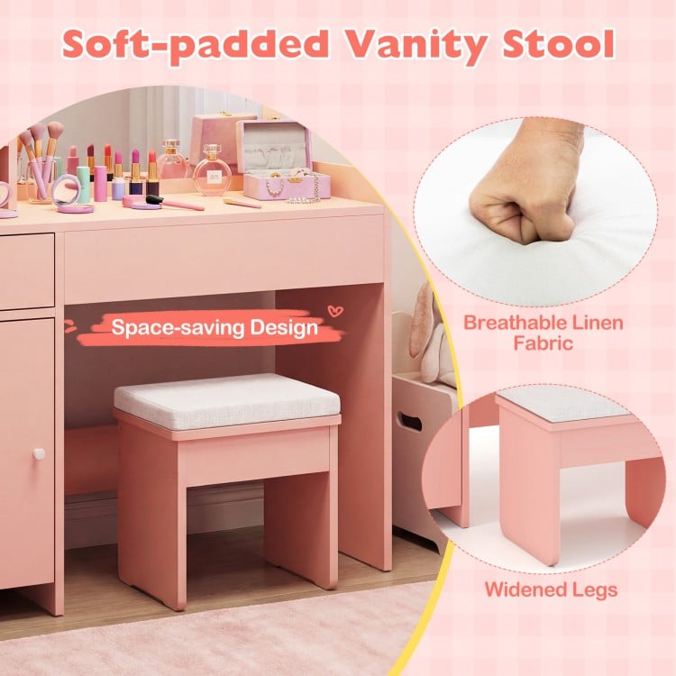 Kids Vanity Desk with Mirror and Lights Princess Pretend Play Dressing Table-Pink