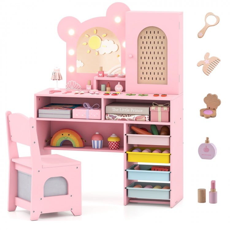 Kids Vanity with Lights and 5 Drawers for Kids Aged 3+ Years Old-Pink