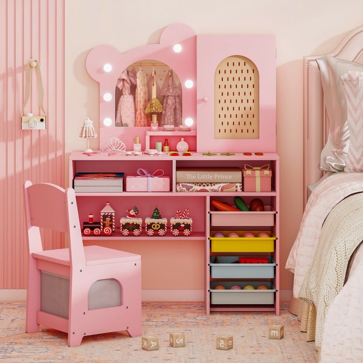 Kids Vanity with Lights and 5 Drawers for Kids Aged 3+ Years Old-Pink