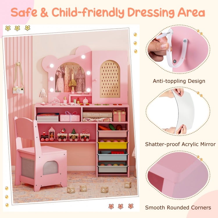 Kids Vanity with Lights and 5 Drawers for Kids Aged 3+ Years Old-Pink