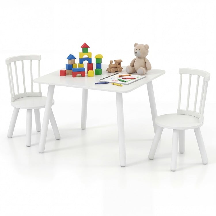 Kids Wooden Table and Chairs Set 3-Piece Toddler Furniture with Pine Wood Frame-White