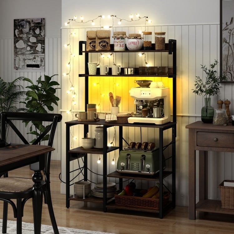 Kitchen Bakers Rack with Power Outlet 5-Tier Microwave Oven Stand with LED Lights-Rustic Brown
