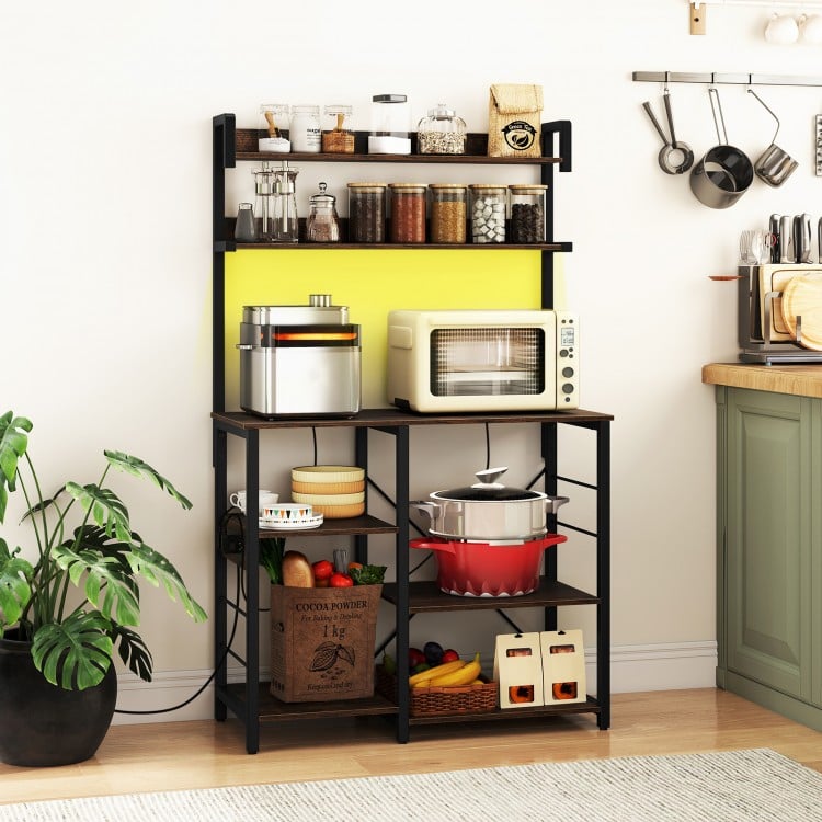 Kitchen Bakers Rack with Power Outlet 5-Tier Microwave Oven Stand with LED Lights-Rustic Brown