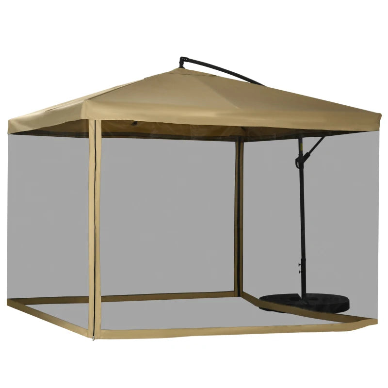 Offset Patio Umbrella with Net and Umbrella Base, Adjustable Cantilever Canopy with Cross Base, Weight Plates and 8 Ribs for Backyard, Poolside, Garden, Beige