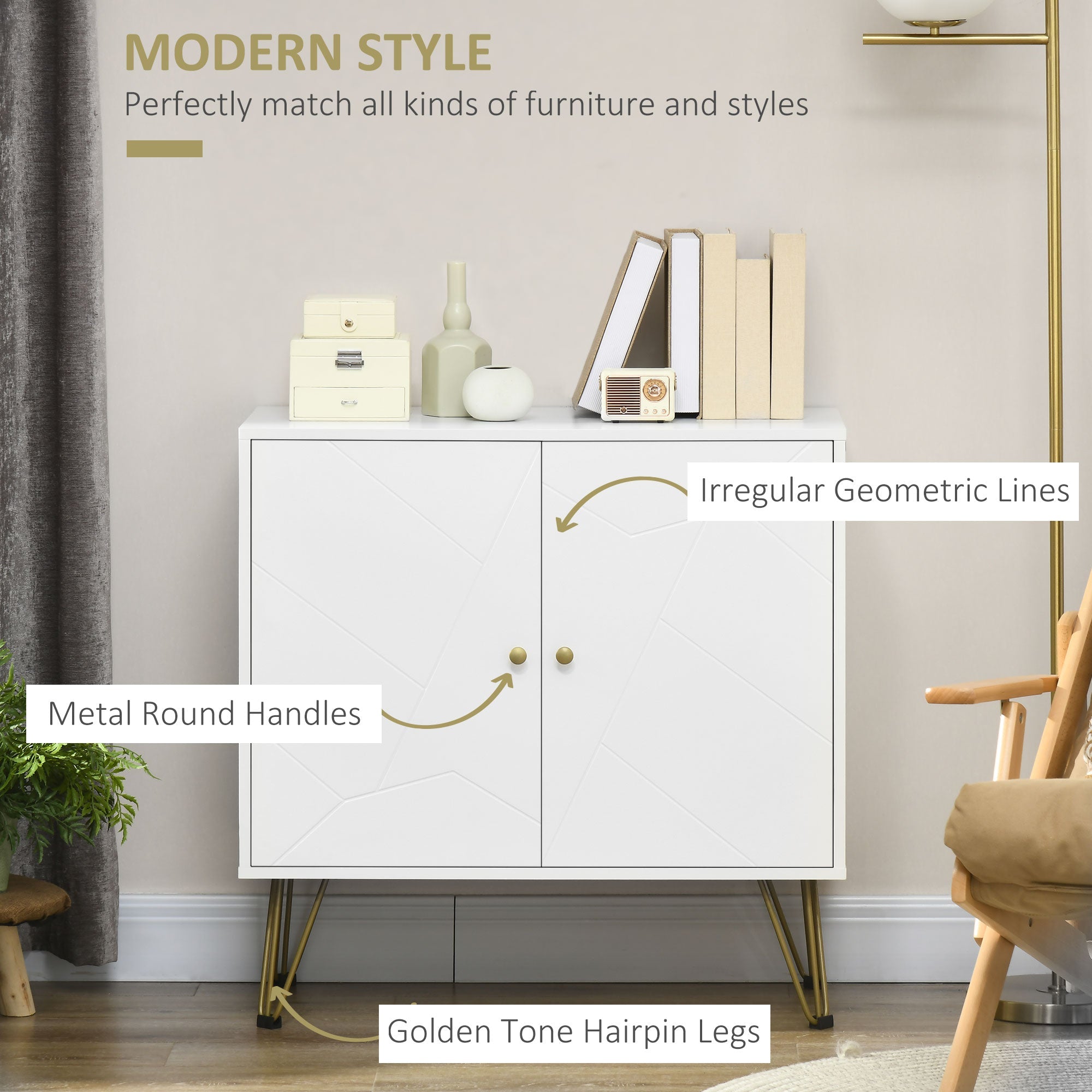 HOMCOM Chic Storage Sanctuary: White Cabinet with Golden Hairpin Legs, Freestanding Cupboard, Adjustable Shelves