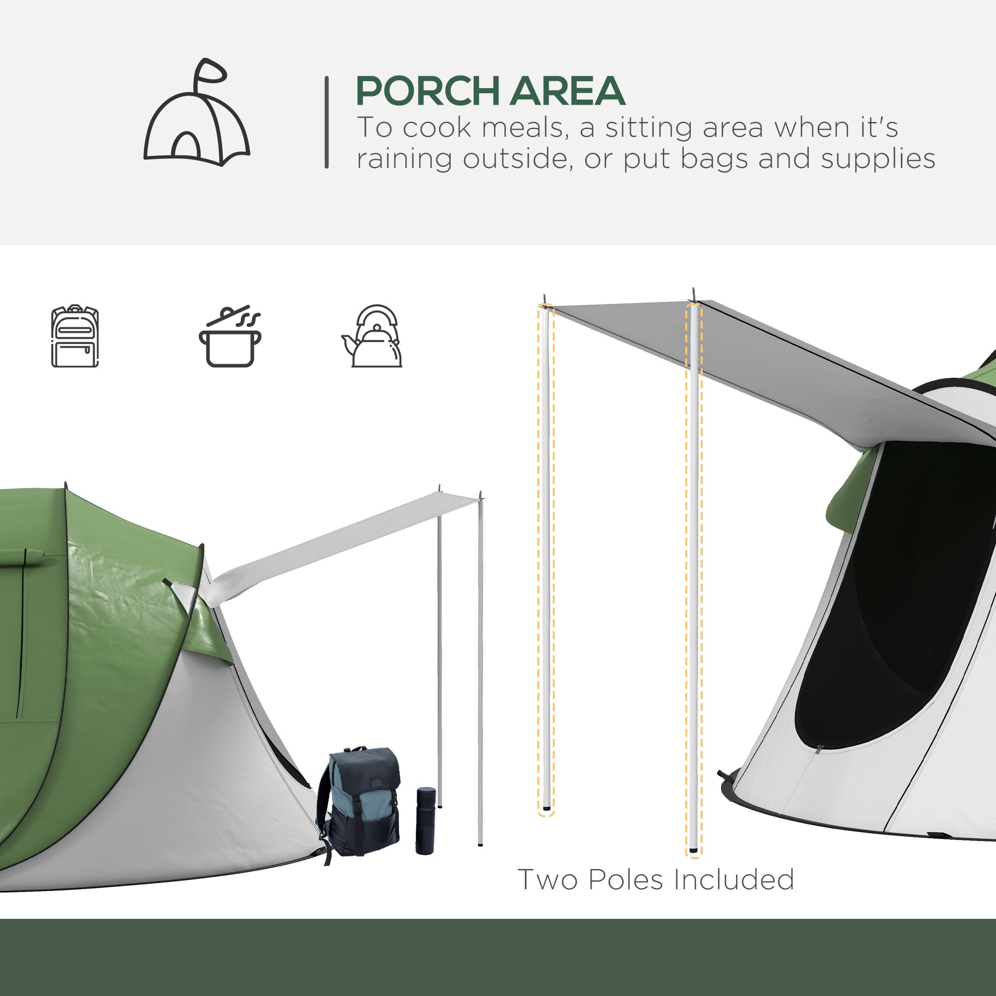 Outsunny Waterproof Pop Up Camping Tent with Porch Carry Bag for 2-3 People Hiking Outdoor Green