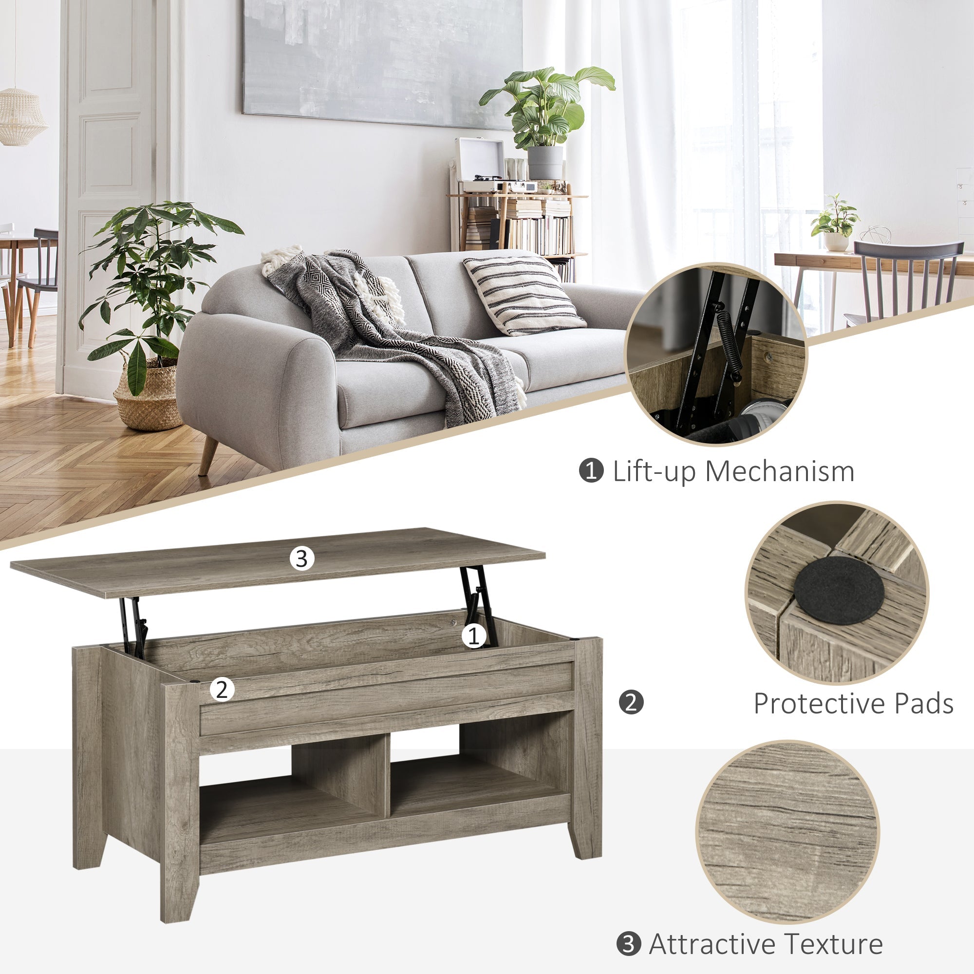 HOMCOM Lift Top Coffee Table with Hidden Storage and Open Shelves Oak Effect for Living Room