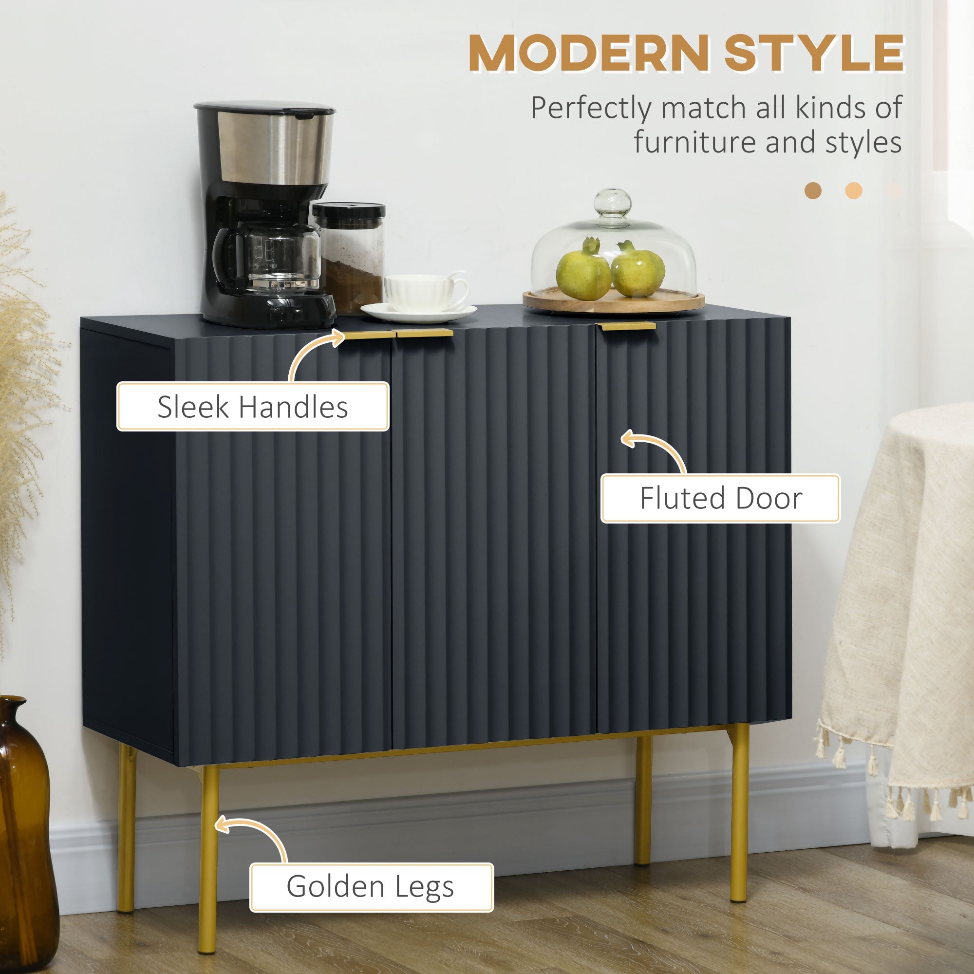 HOMCOM Modern Storage Cabinet Sideboard Buffet Cabinet with Gold Legs for Living Room Dining Room Hallway Black