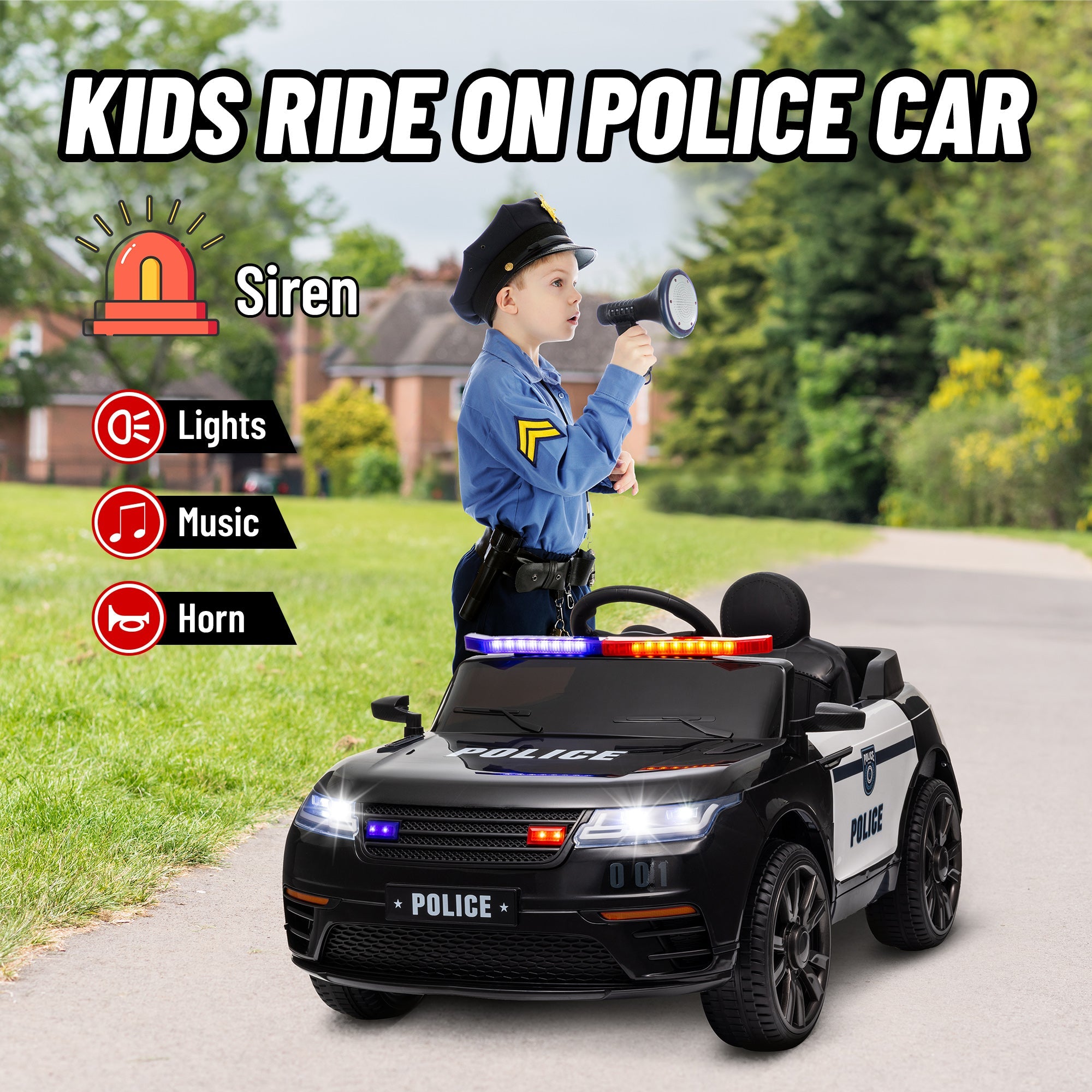 Qaba 12V Kids Electric Police Car w/ Remote Control, Spring Suspension, Training Wheel, Siren, Music, Light, Horn, Black
