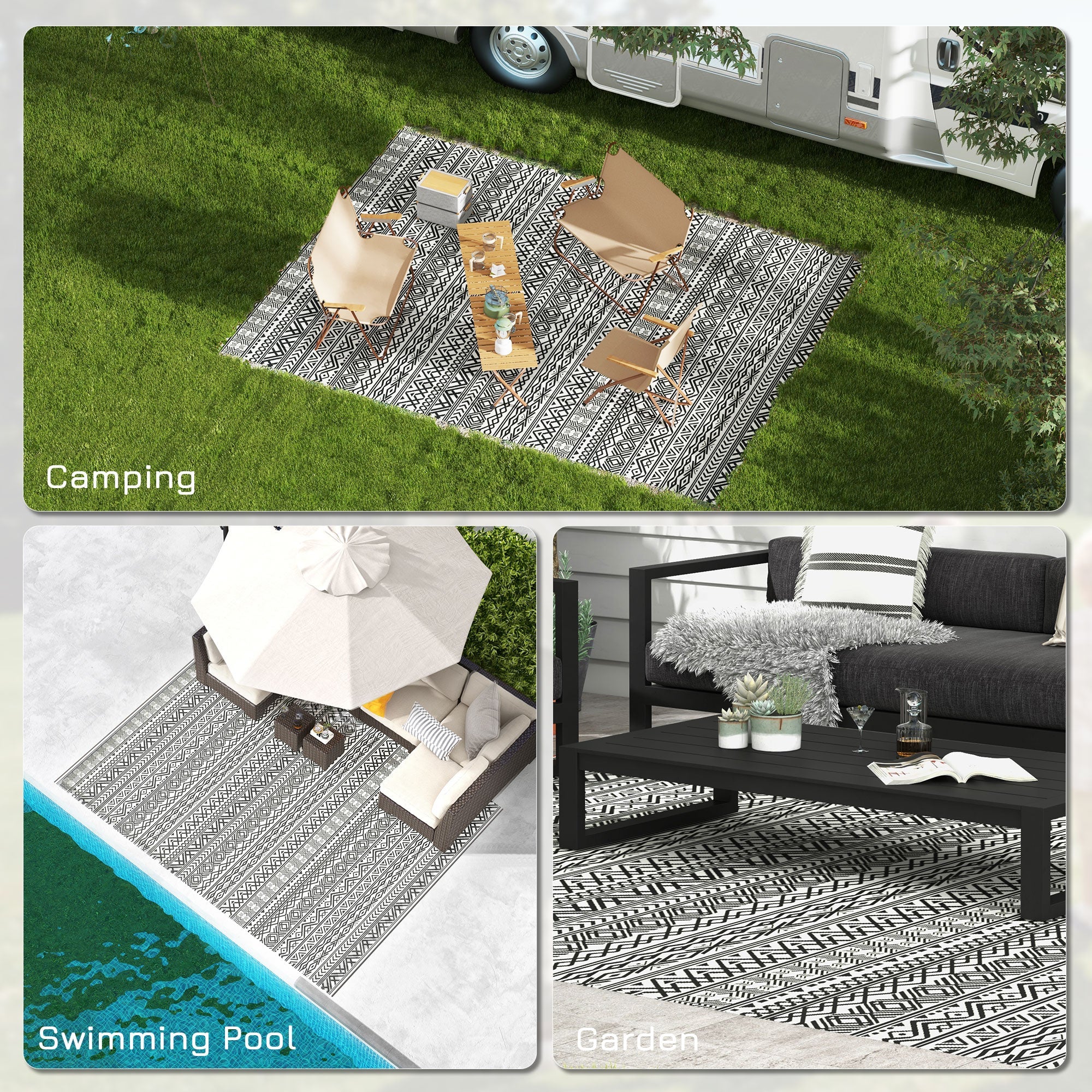 Outsunny 9'x12' Reversible Outdoor Plastic Straw RV Mat Rug with Carry Bag Grey Cream White Boho