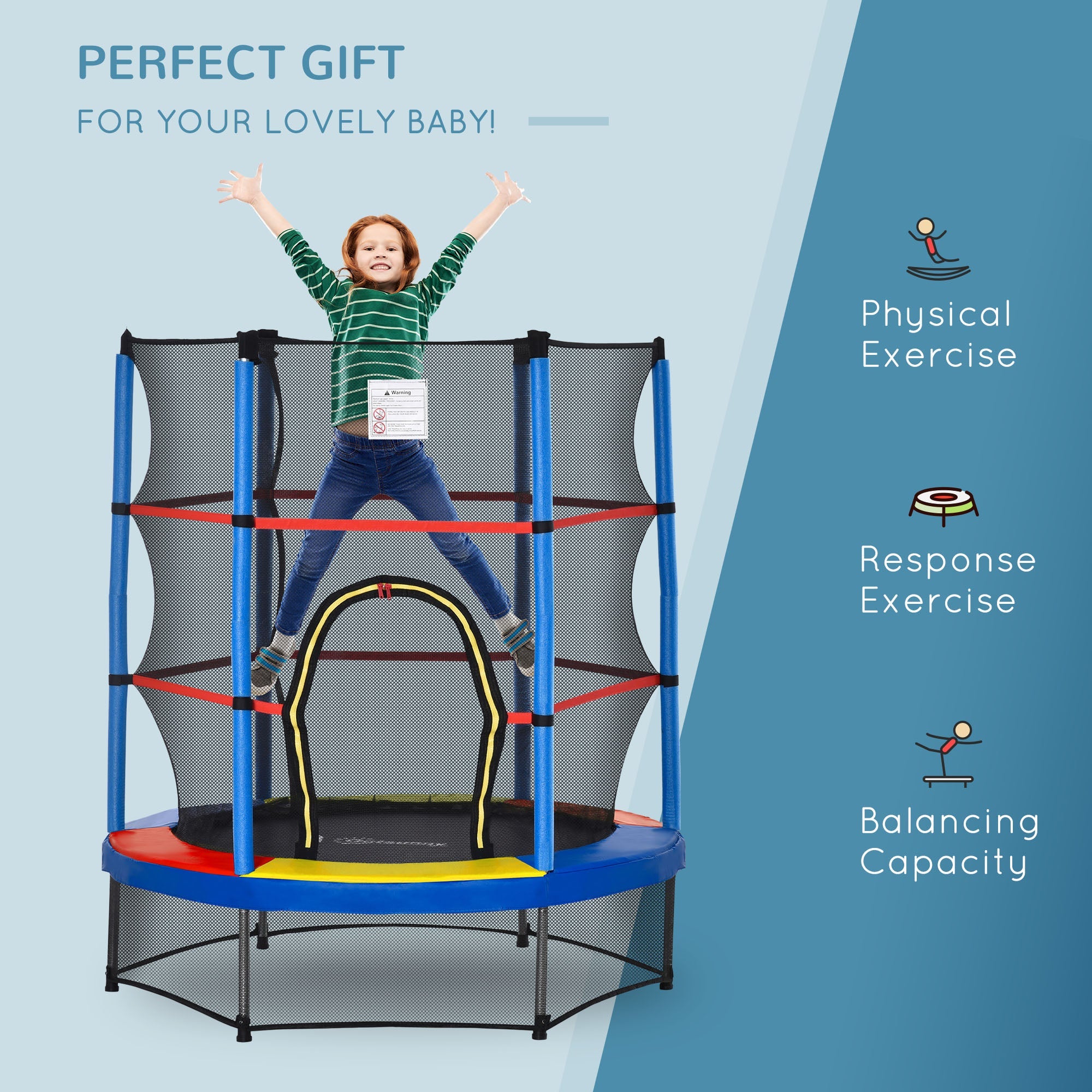 Outsunny Kids Trampoline: Φ55" Round, Safety Net, Indoor Bouncer, 3-6 Years, Steel Frame, Multi-Coloured
