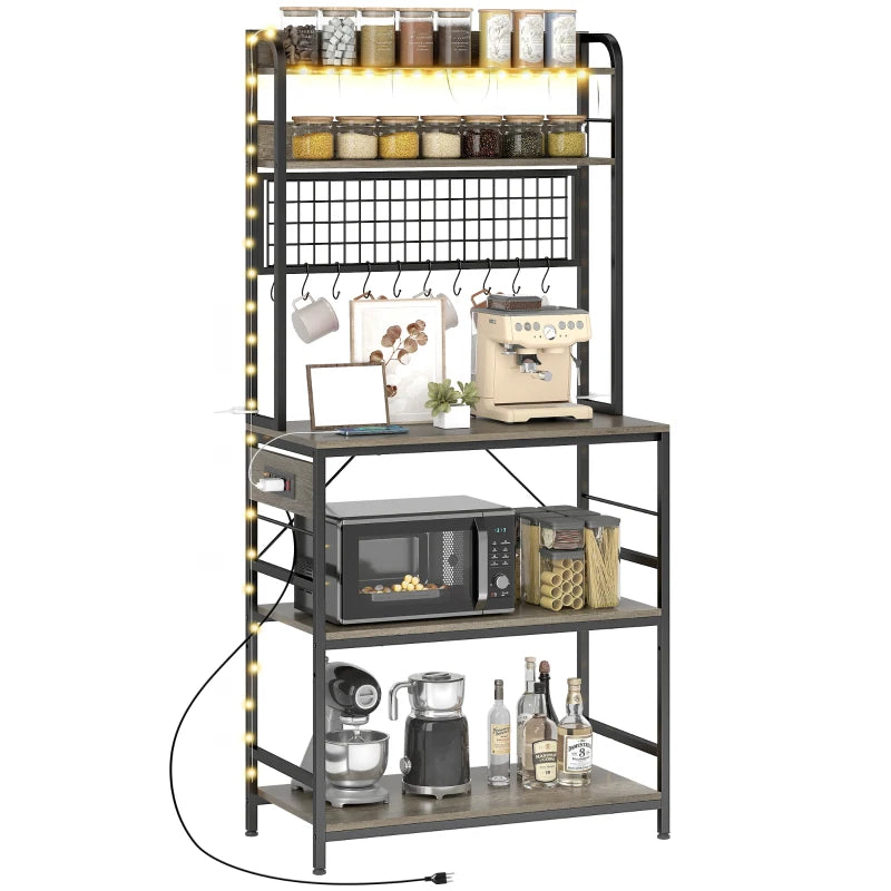 Kitchen Baker's Rack with Power Outlet and LED Light, 5-Tier Coffee Bar Station with 10 Hooks, Grey