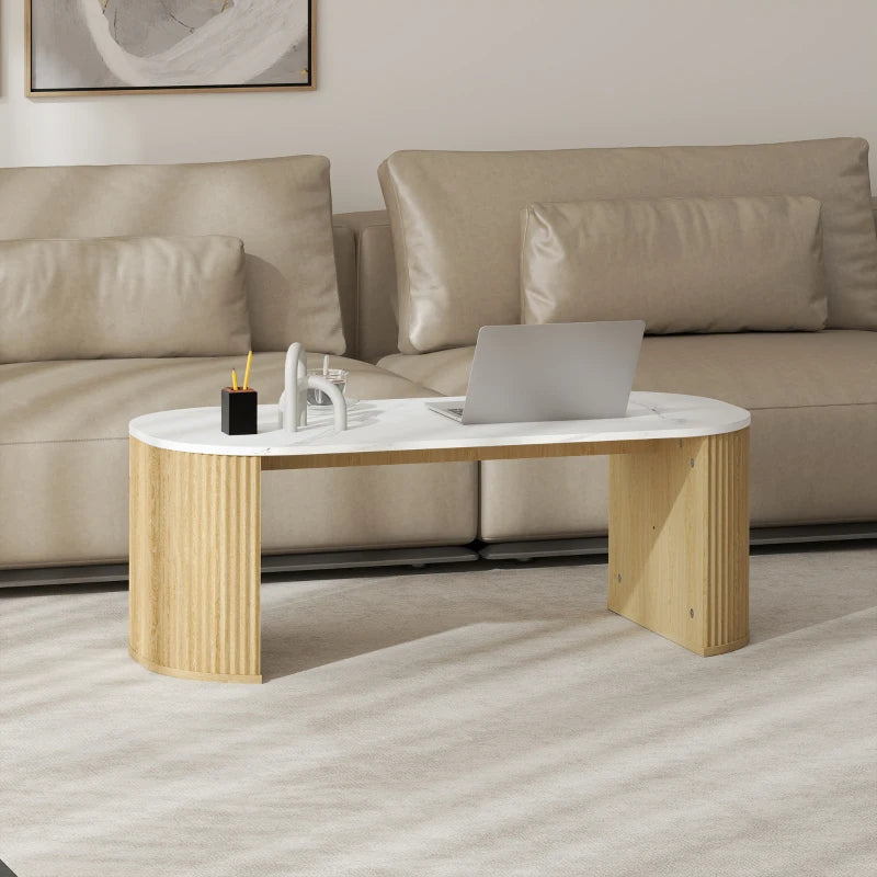 Coffee Table, Modern Marble-Effect Living Room Table with Round Corners and Thicken Legs, Natural Wood