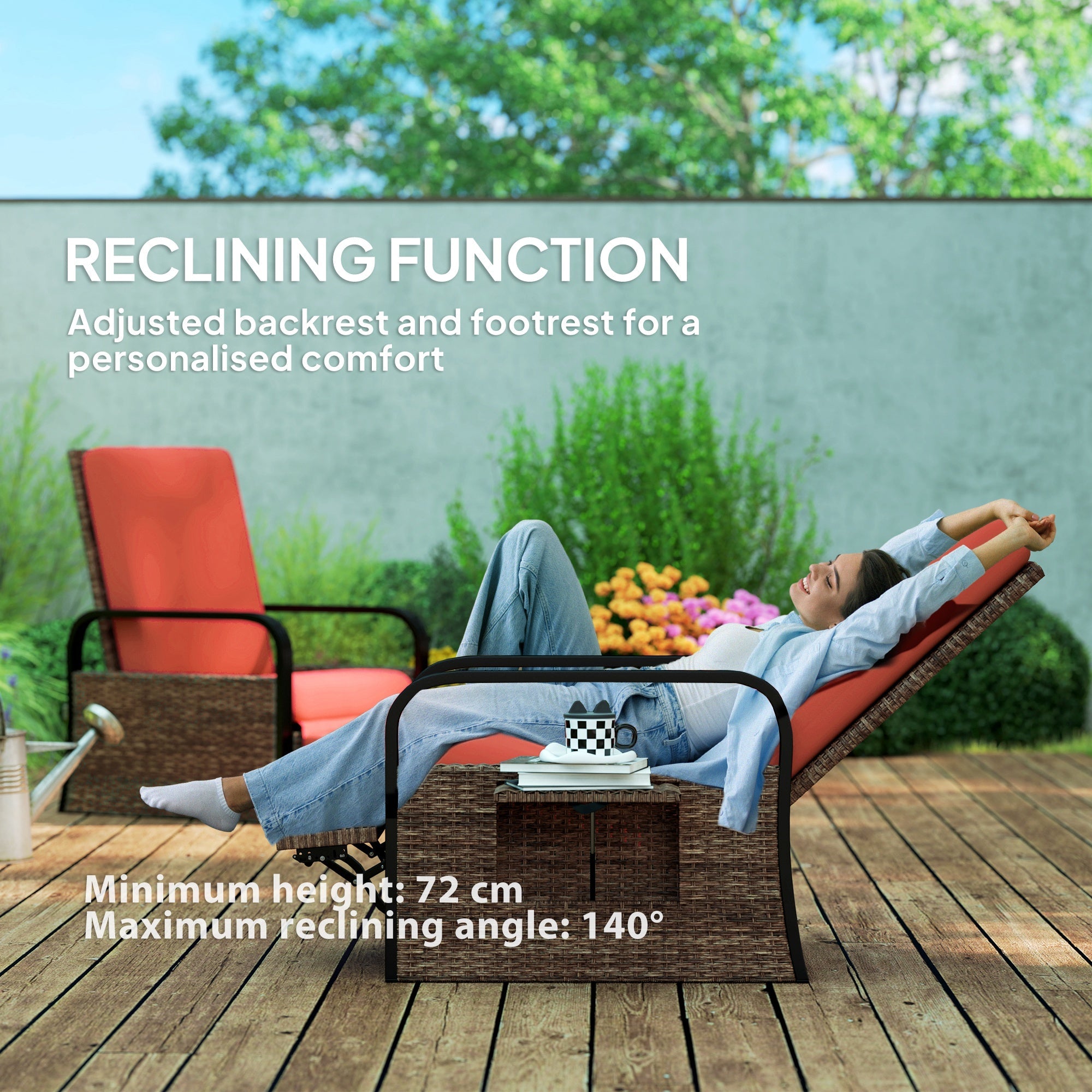 Outsunny Wicker Outdoor Recliner Chair, Reclining Lounge Chair with Adjustable Backrest, Footrest and Side Tray, Red