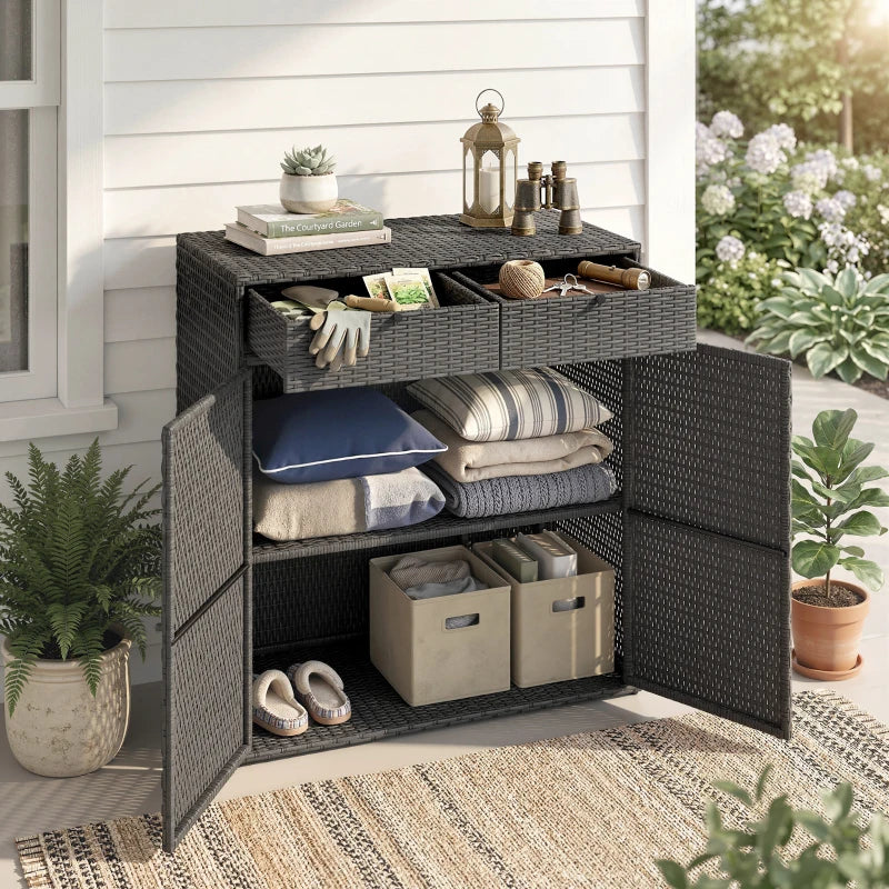 Wicker Outdoor Storage Cabinet with 2 Doors and Drawers, 2-Tier Shelf Rattan Patio Storage Cabinet, Dark Grey