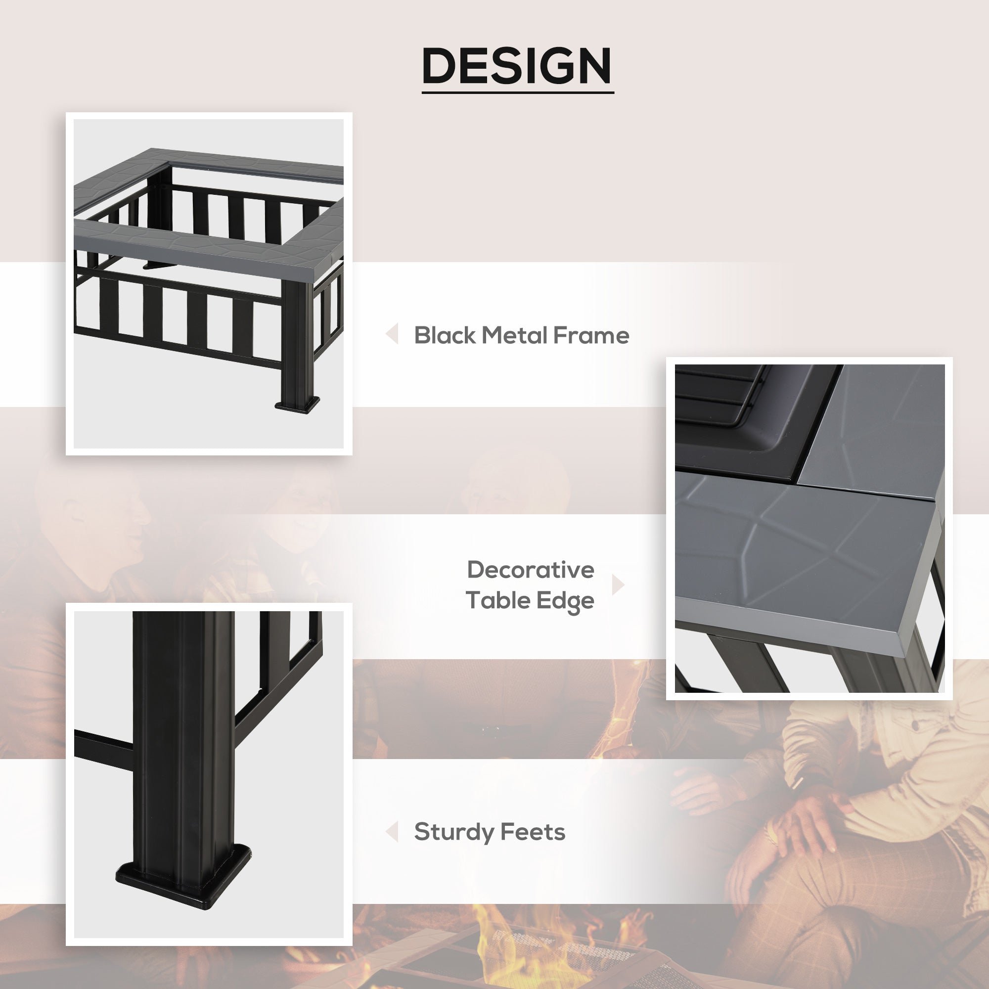 Outsunny Outdoor Square Fire Pit 33.75" Steel Stove with Spark Screen, Log Grate, Poker, Rain Cover for Wood Burning in Backyard