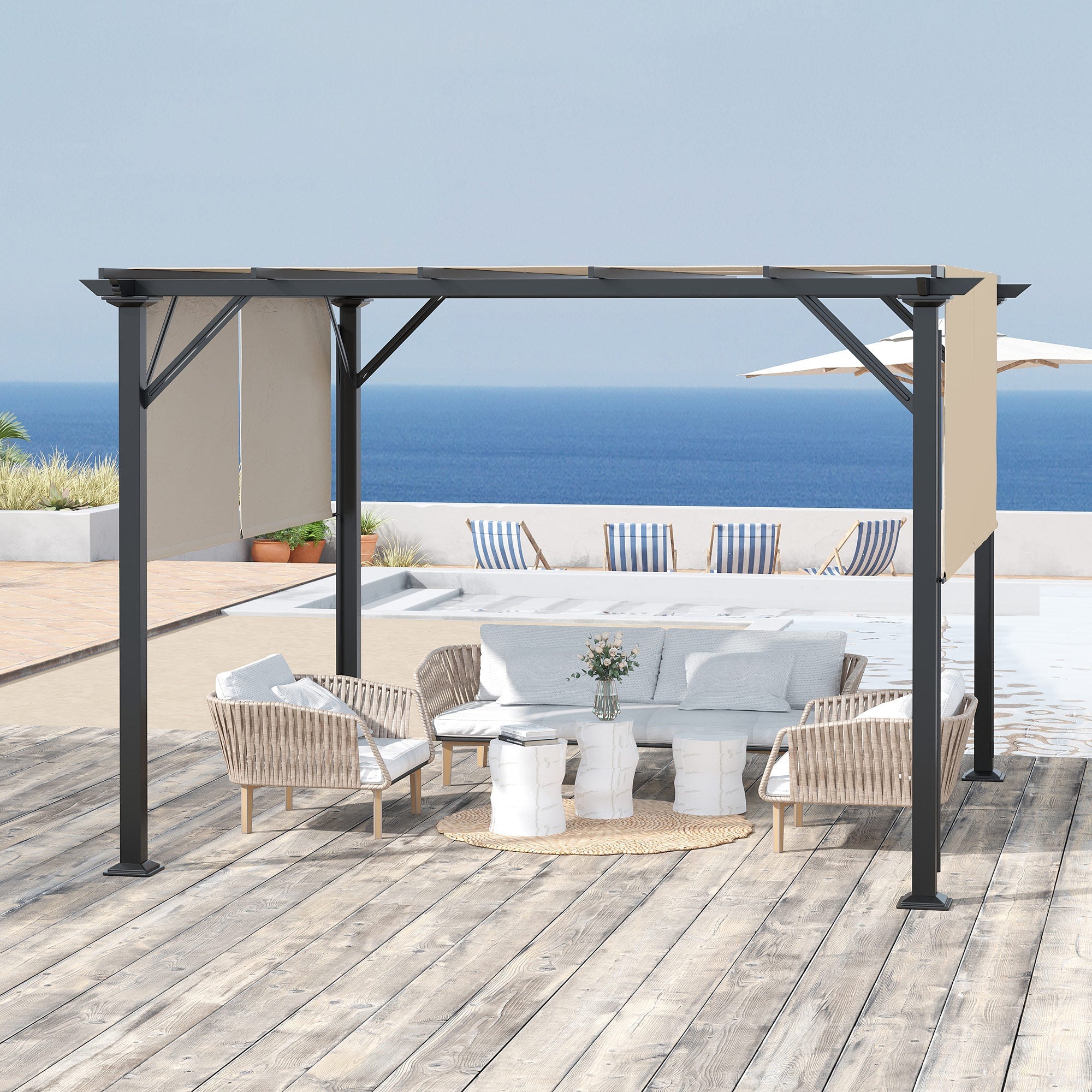 Outsunny Patio Gazebo Pergola 12'x10' with Retractable Canopy Roof Steel Frame Unique Design Beige
