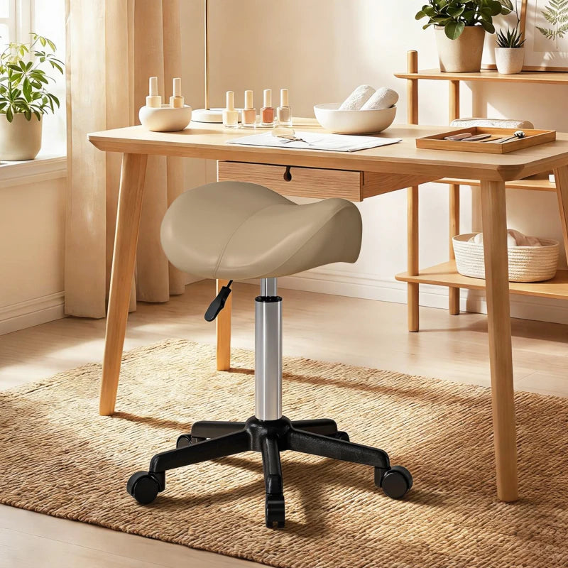 Rolling Salon Stool, PU Leather Swivel Saddle Chair, Adjustable Height Stool with Wheels for Spa, Salon, Office, Brown