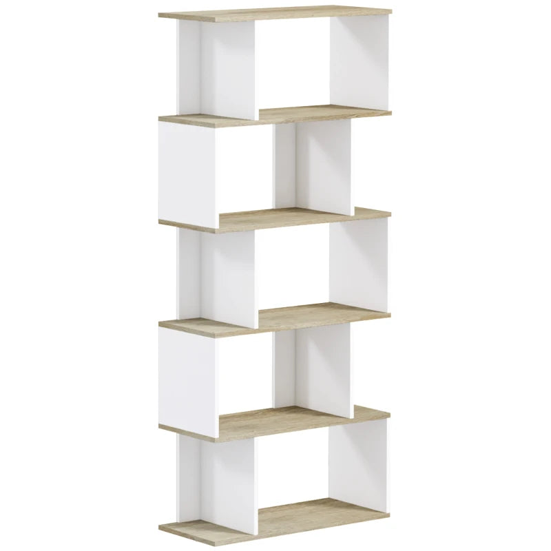 5-Tier Bookshelf, Geometric S Shaped Bookcase, Tall Narrow Display Shelf for for Living Room, Study Room, White