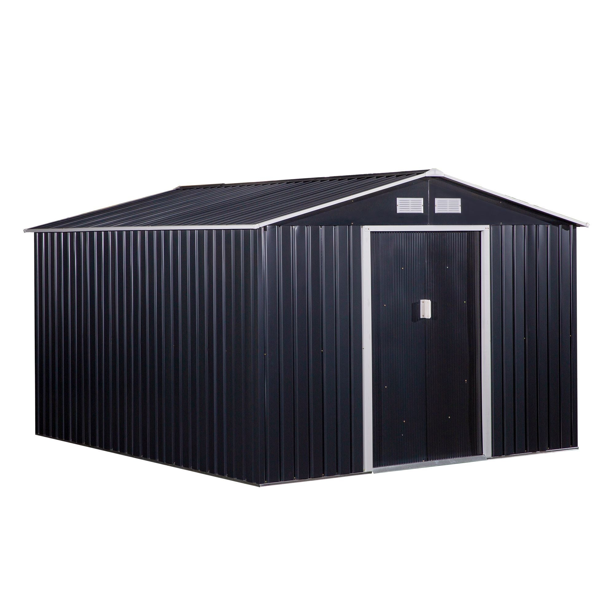 Outsunny Large Metal Storage Shed 11' x 9' with Double Sliding Doors 4 Vents Outdoor Tool House Dark Grey