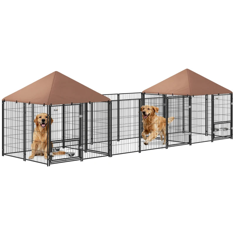Outdoor Dog Kennel with 2 Rooms, Rotating & Adjustable Height Bowls, Waterproof UV-Resistant Cover, 16.2' x 4.7' x 5.1'