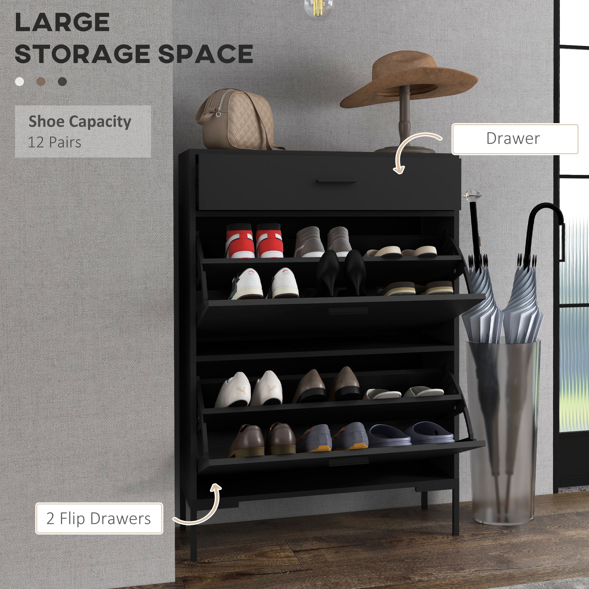 HOMCOM Modern Shoe Cabinet Storage 12 Pair Shoe Organizer with 2 Flip Doors Drawer and Adjustable Shelf Black