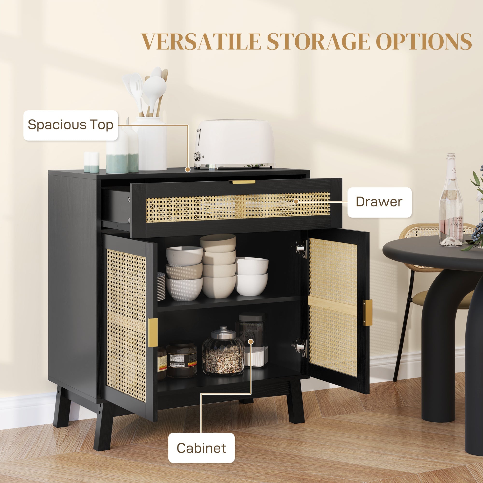 HOMCOM Boho Sideboard Storage Cabinet with Rattan Doors, Black