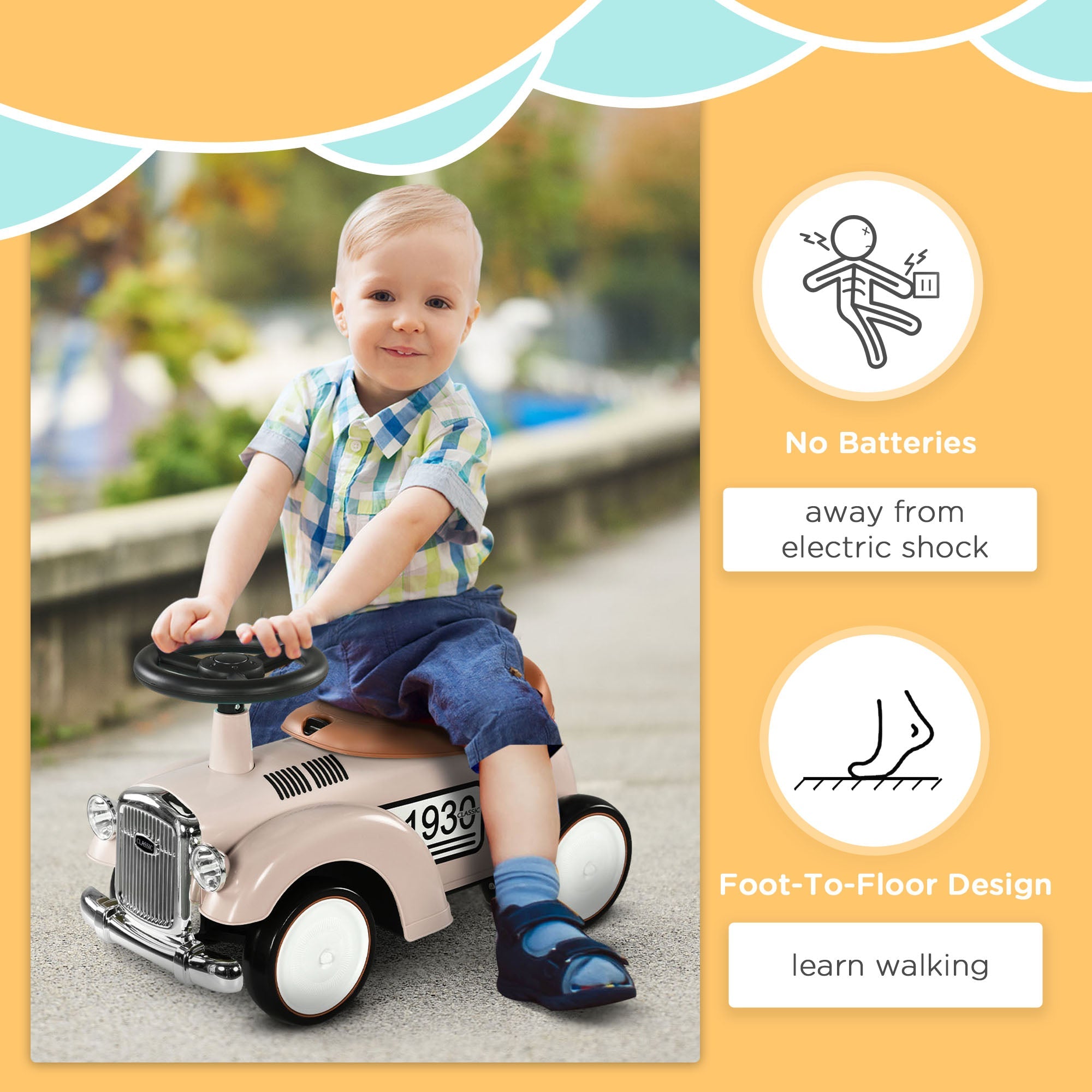 Aosom Kids Ride On Push Car Classic Car Toddlers Foot Slider Under Seat Storage 12-36 Months Cream White Toy