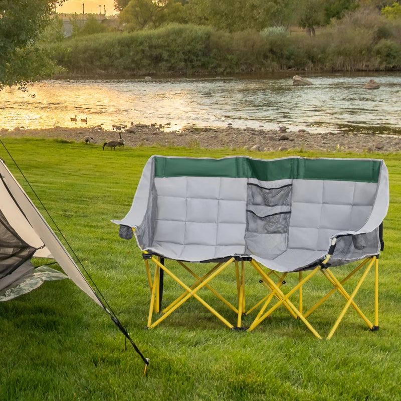 62" W Double Seat Camping Chair Folding Lawn Loveseat w/ Storage Pocket & Cup Holder Compact in a Bag for Outdoor, Beach, Picnic, Hiking, Travel, Green