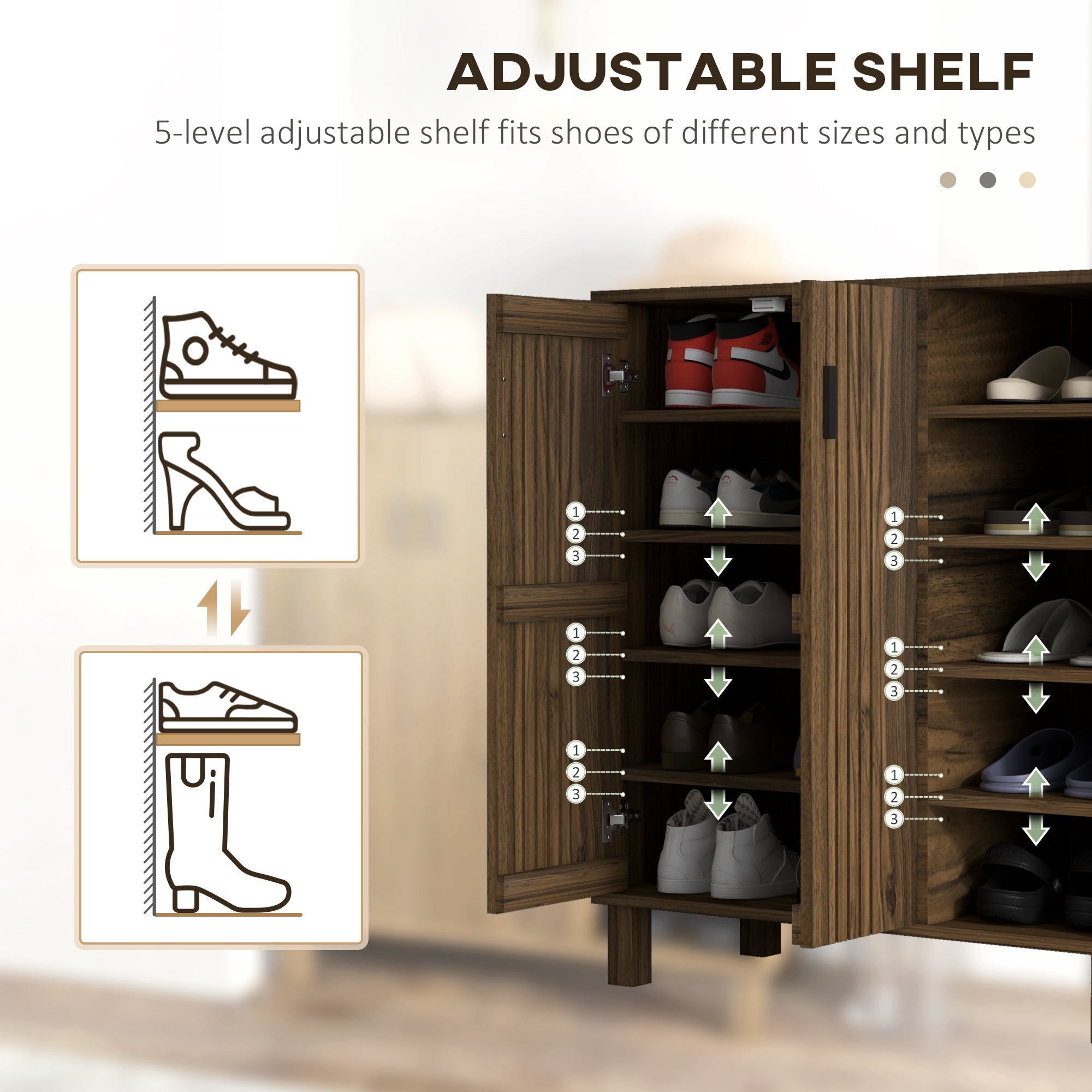 HOMCOM Entryway Elegance: Shoe Organizer with Double Doors, Open Shelves for 17 Pairs, Walnut Finish