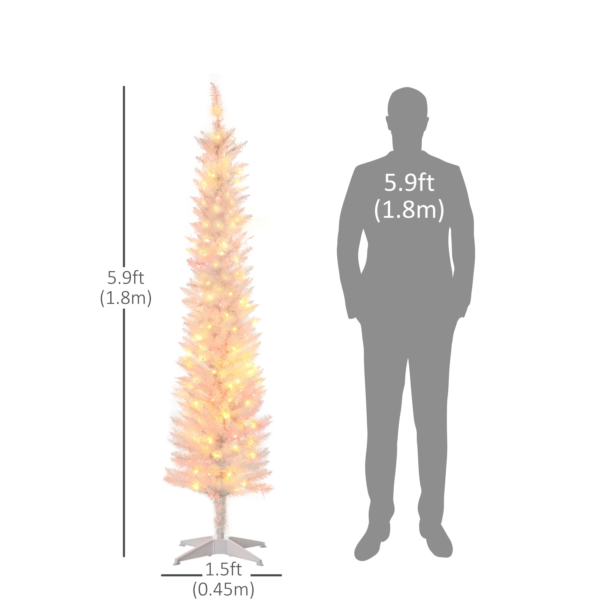 HOMCOM 6' Prelit Christmas Trees, Pencil Artificial Christmas Tree with Colourful Surface Tips, Colourful LED Lights, White