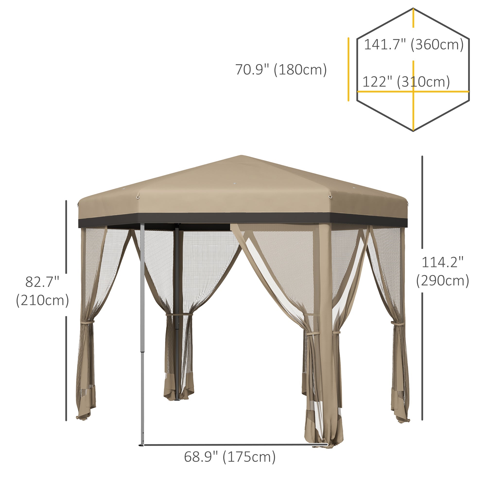 Outsunny 12'x12' Pop Up Canopy, Hexagon Gazebo with Netting, Carry Bag, Height Adjustable Instant Shelter, Khaki