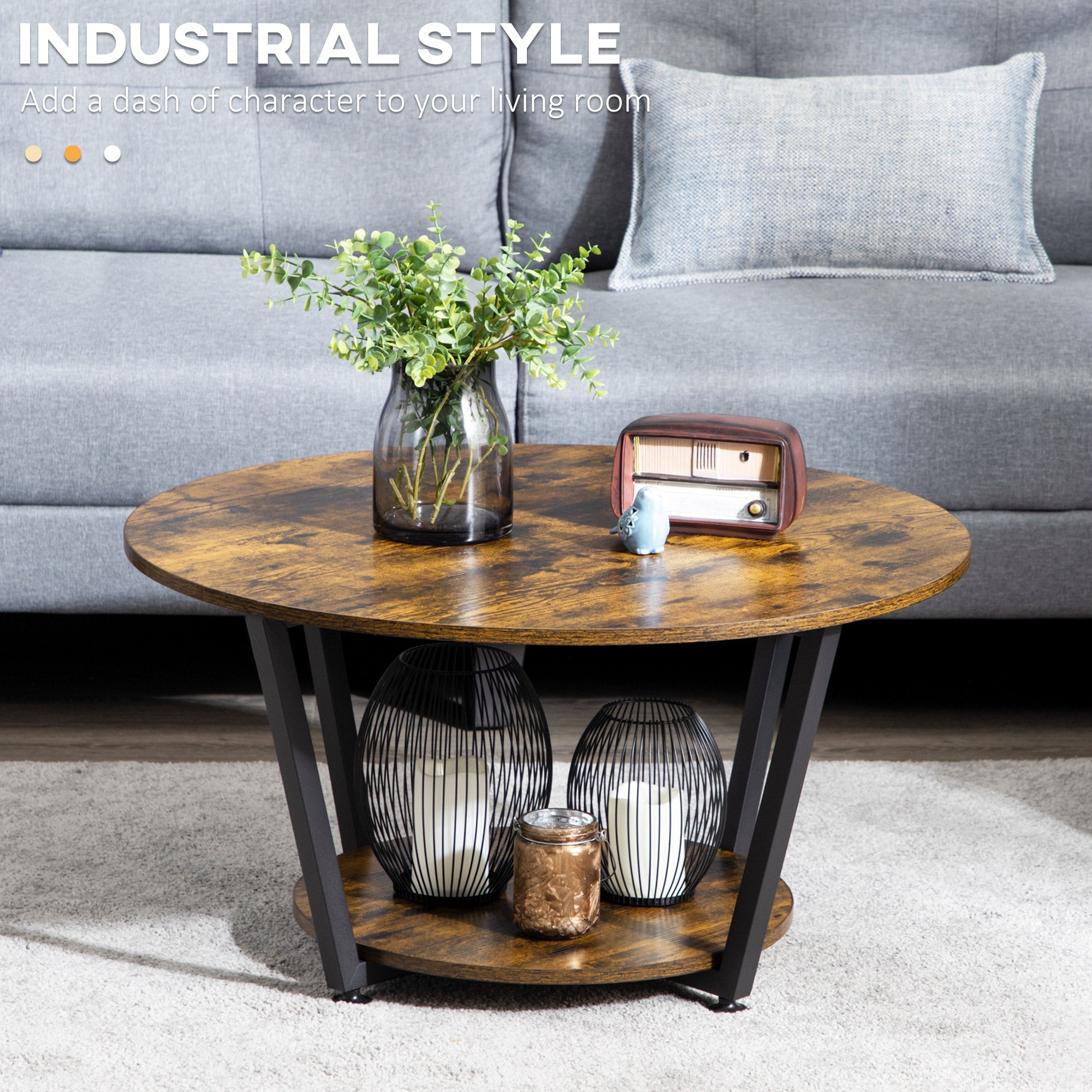 HOMCOM Rustic Brown Round Coffee Table: Center Table with Storage Shelf and Steel Frame for Living Room