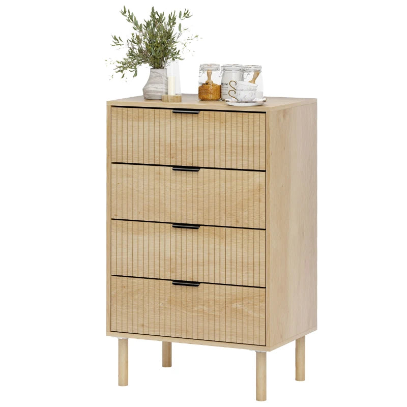 Bedroom Chest of Drawers, 4 Drawer Dresser with Fluted Panels and Solid Wood Legs, Anti-slip Foot Pads, Storage Cabinet for Living Room, Oak