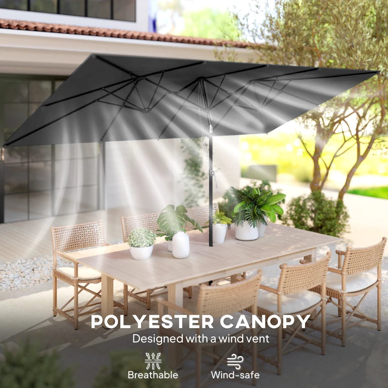 Double-Sided Patio Umbrella Parasol with Tilt, Adjustable Height, Vents and 12 Ribs, for Garden, Deck, Grey